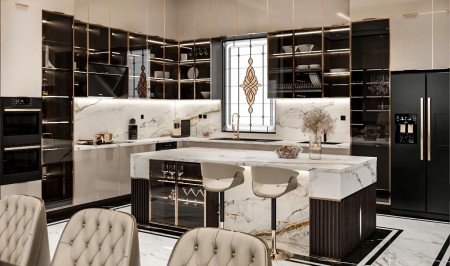 Thiết kế tủ bếp: Nên chọn kính ốp tường hay đá ốp tường