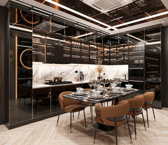 Tủ bếp cánh kính màu đen