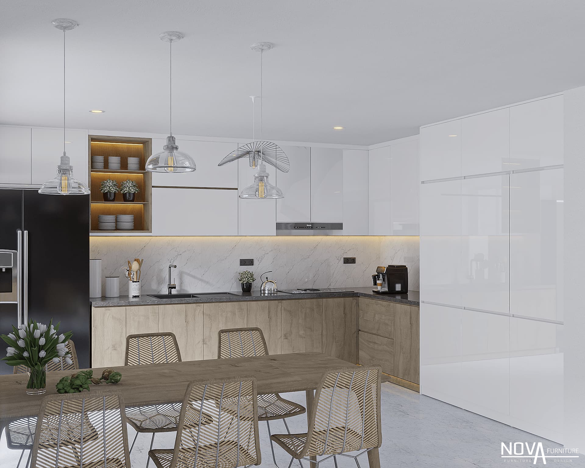 Tủ bếp Acrylic kết hợp với tủ bếp MDF vân gỗ