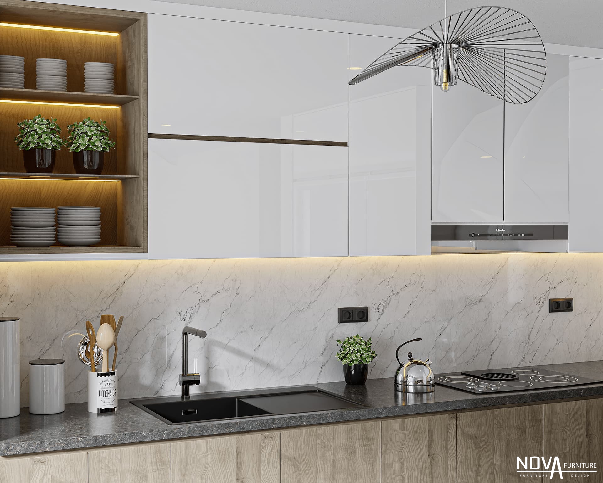 Tủ bếp Acrylic kết hợp với tủ bếp MDF vân gỗ