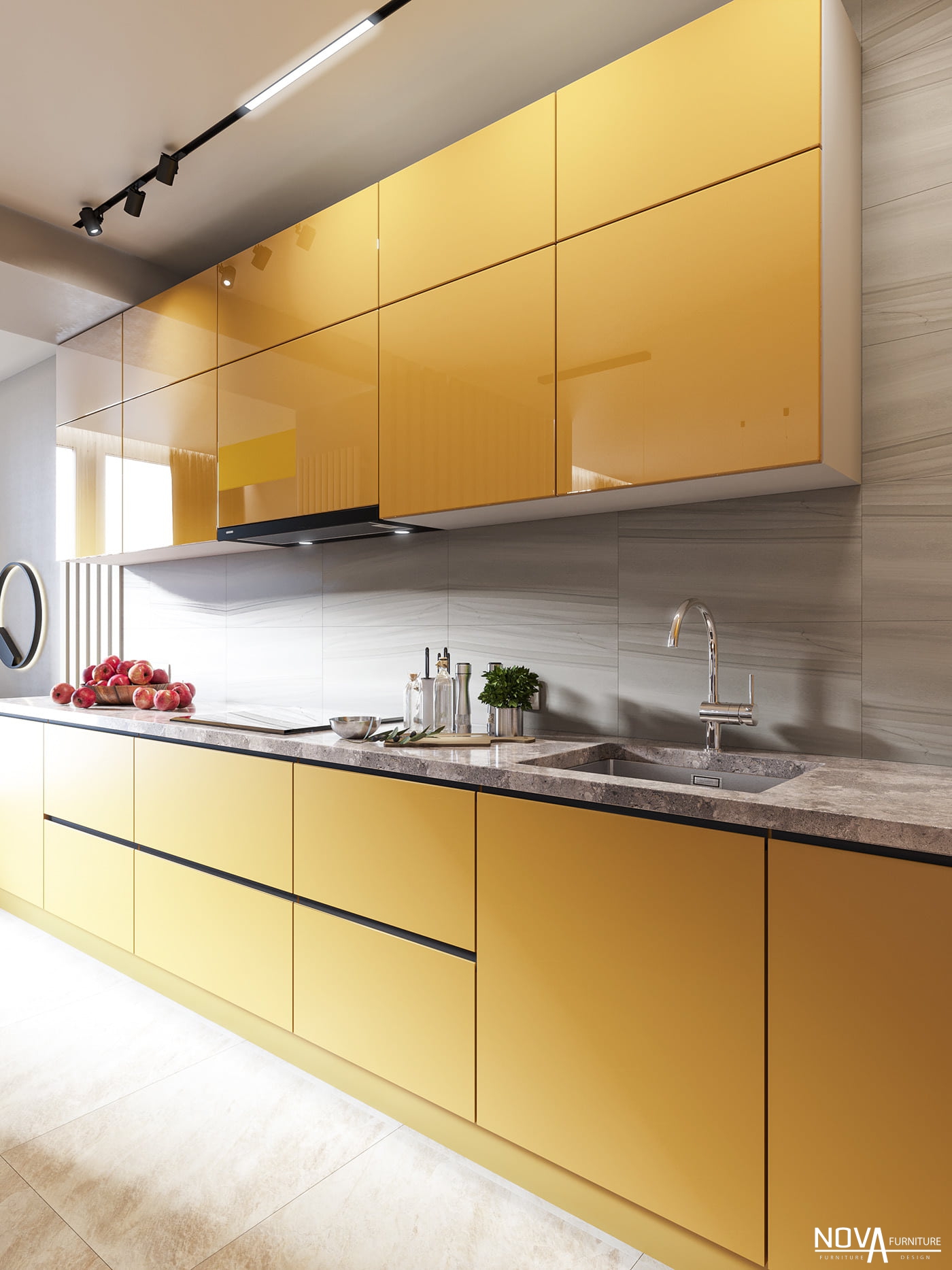 Thiết kế tủ bếp Acrylic màu vàng