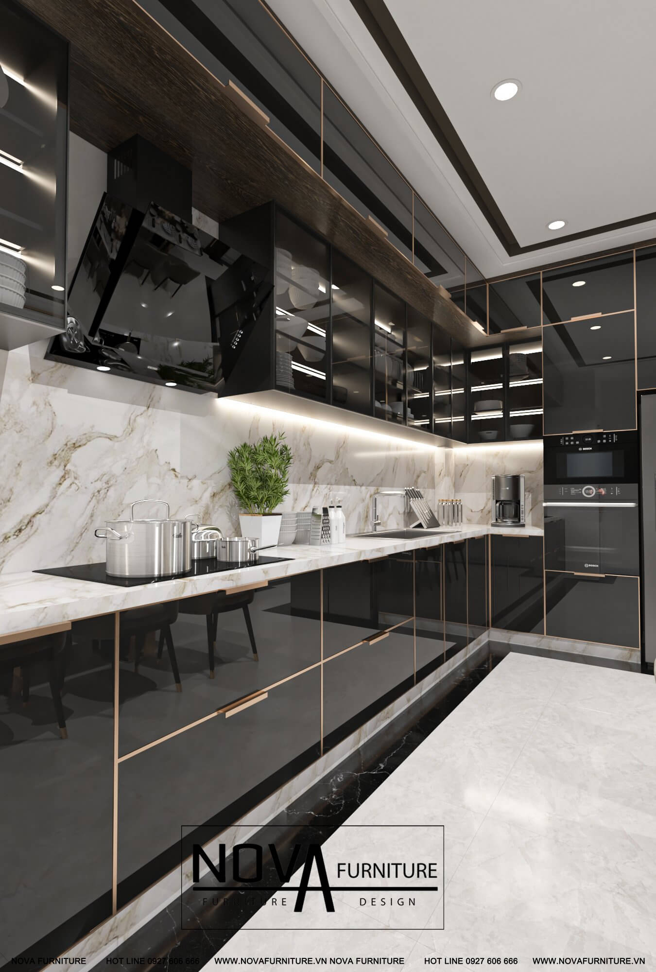 Tủ bếp cánh kính hợp kim nhôm cao cấp