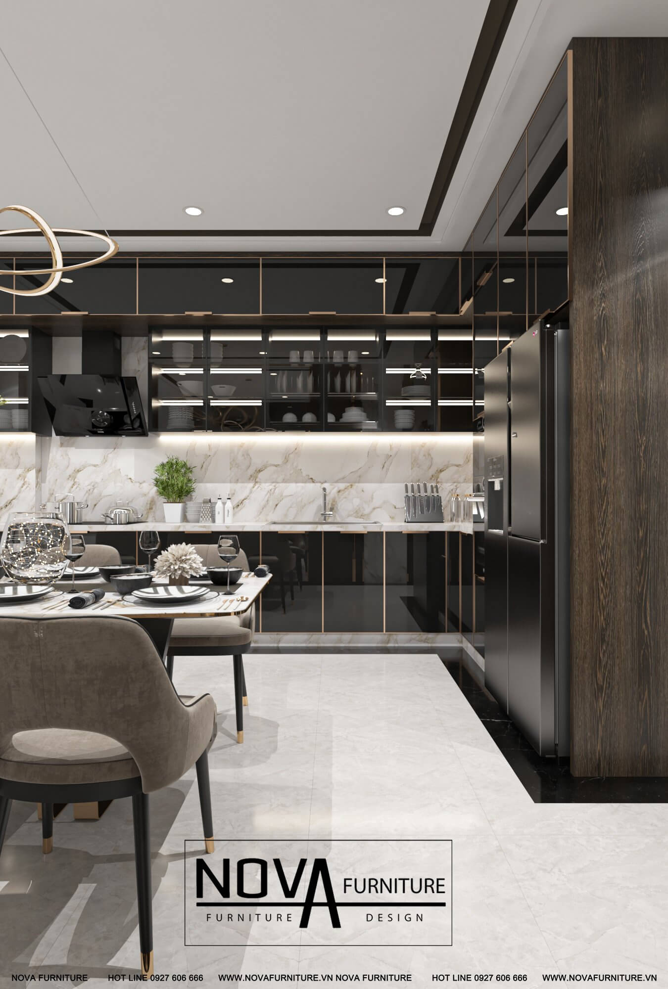 Tủ bếp cánh kính hợp kim nhôm cao cấp