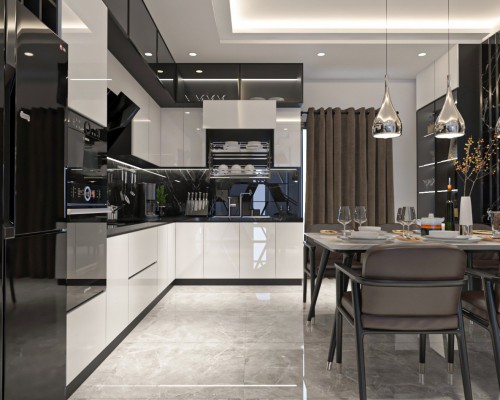 Tủ bếp cánh kính khung hợp kim nhôm cao cấp