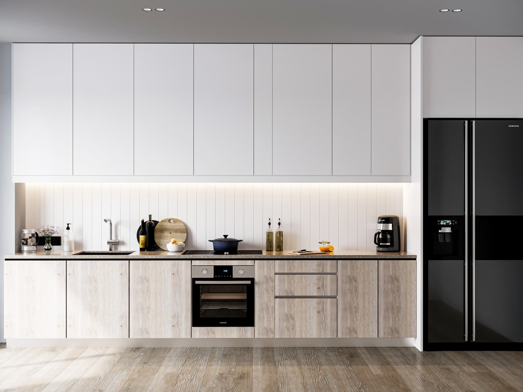 Tủ bếp MDF màu trắng kết hợp màu vân gỗ