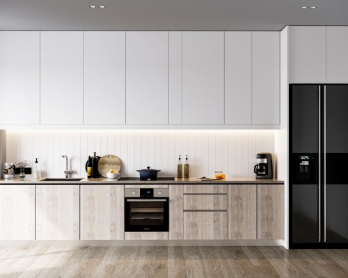Tủ bếp MDF màu trắng kết hợp màu vân gỗ