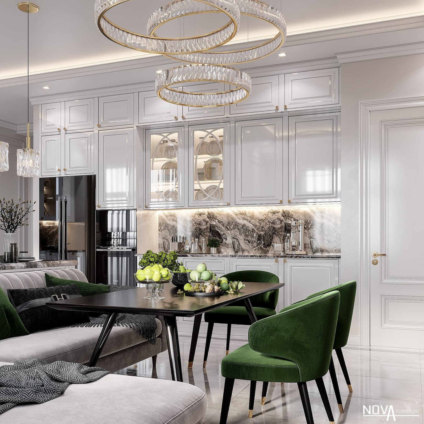 Thiết kế tủ bếp tân cổ điển màu trắng sang trọng