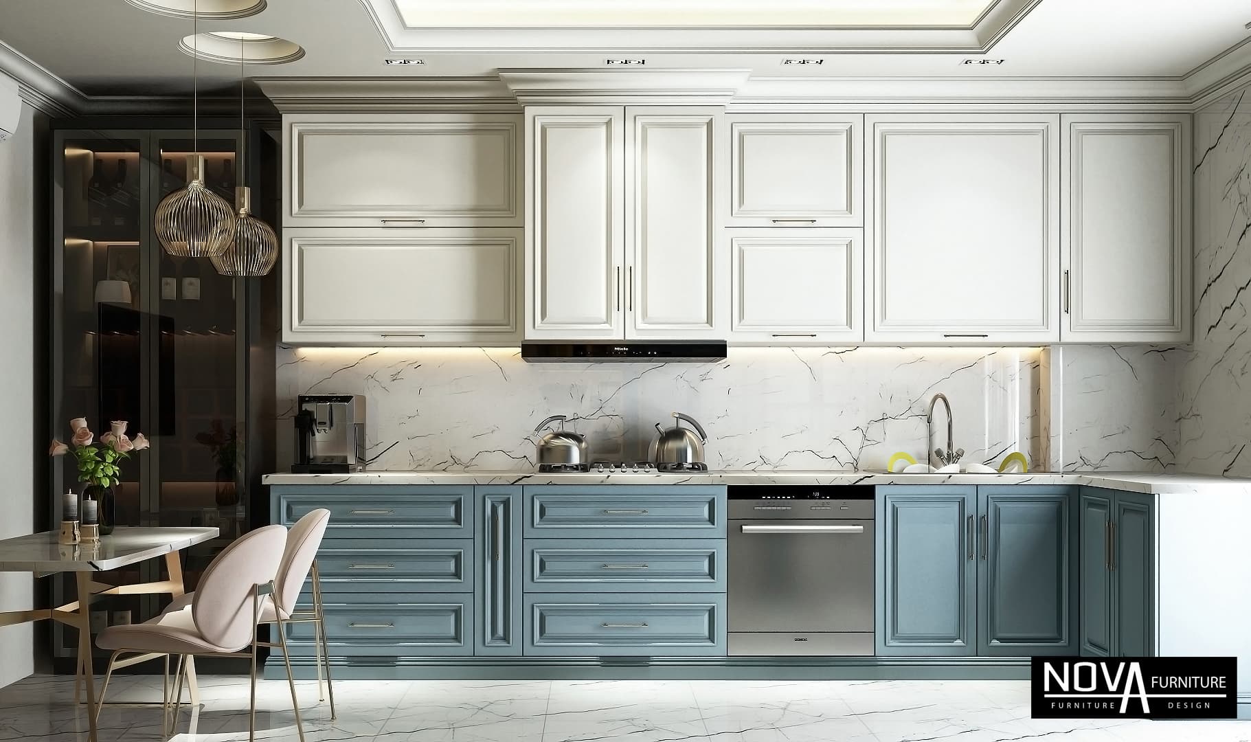 Tủ bếp tân cổ điển đẹp màu xanh trắng độc đáo sang trọng